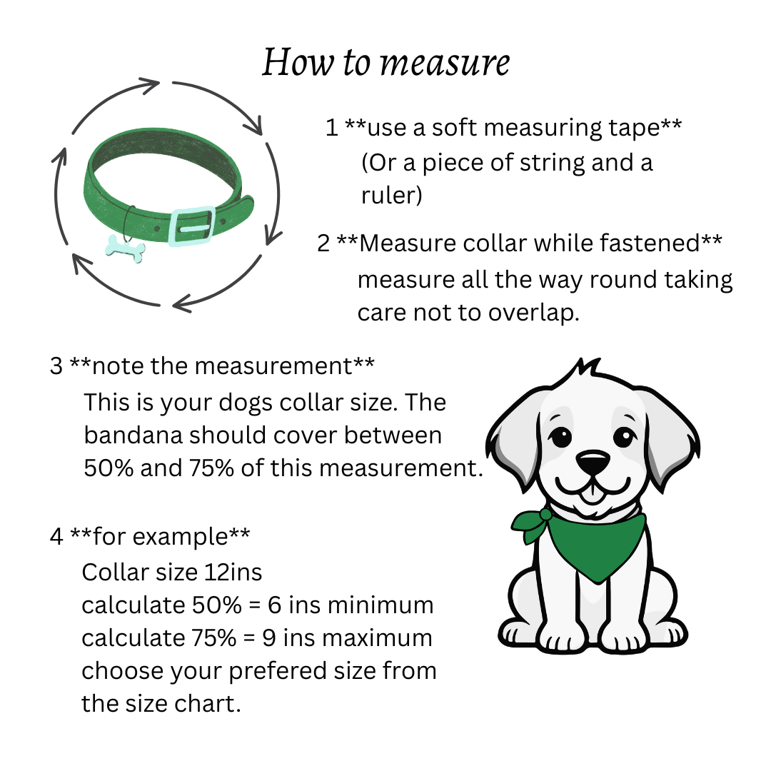 Instructions on how to measure a dog collar for a slip on type bandana with a cartoon dog and green bandana - The Jazzy Pooch