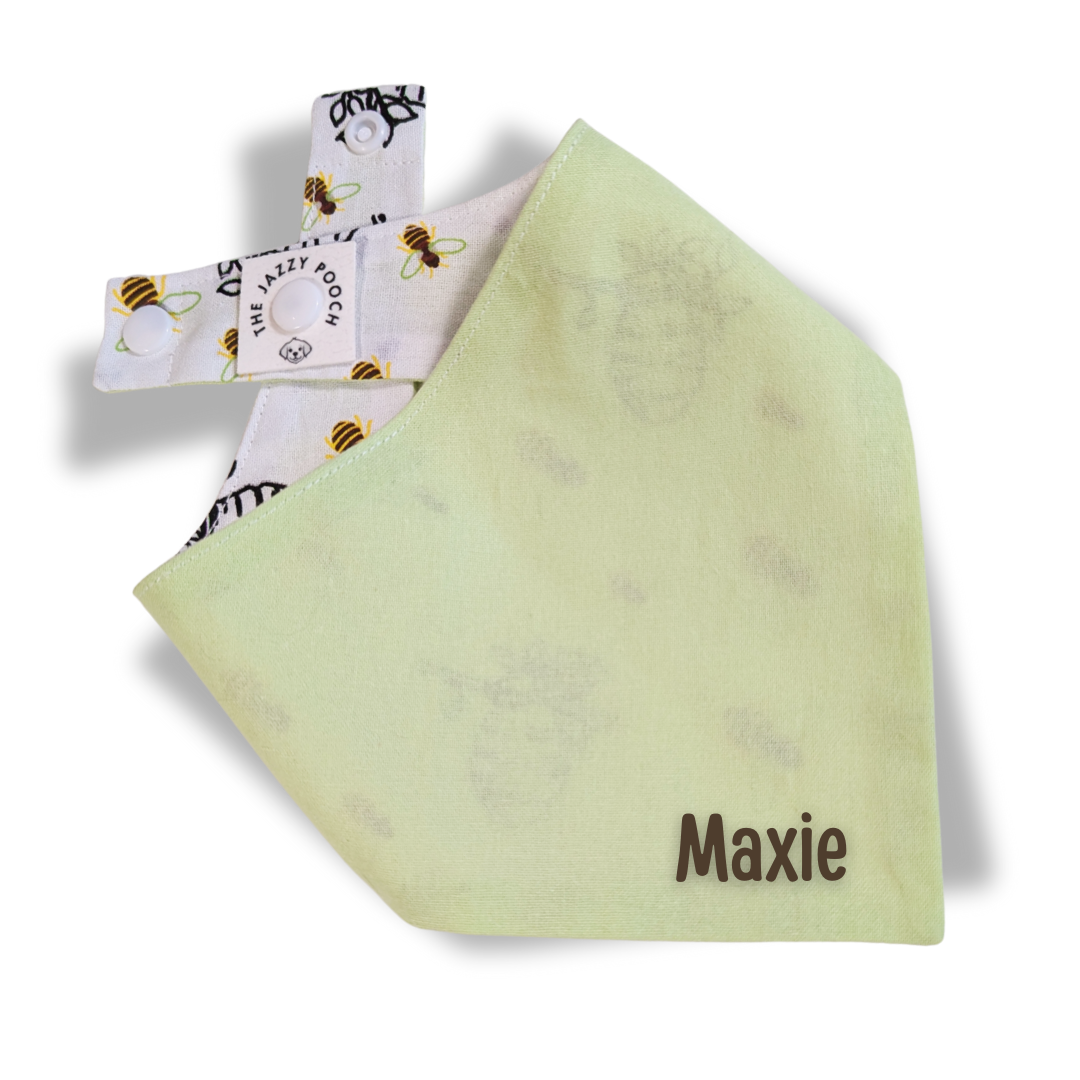 Fresh lime green reverse of eco-friendly dog bandana with personalised pet name and The Jazzy Pooch branded label - The Jazzy Pooch