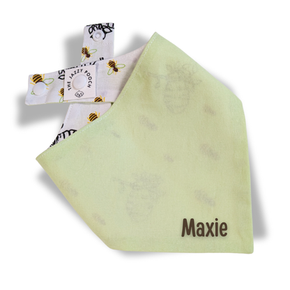 Fresh lime green reverse of eco-friendly dog bandana with personalised pet name and The Jazzy Pooch branded label - The Jazzy Pooch