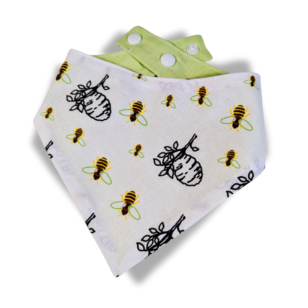 Handcrafted reversible dog bandana featuring charming bee and beehive pattern on sustainable reclaimed cotton fabric - The Jazzy Pooch