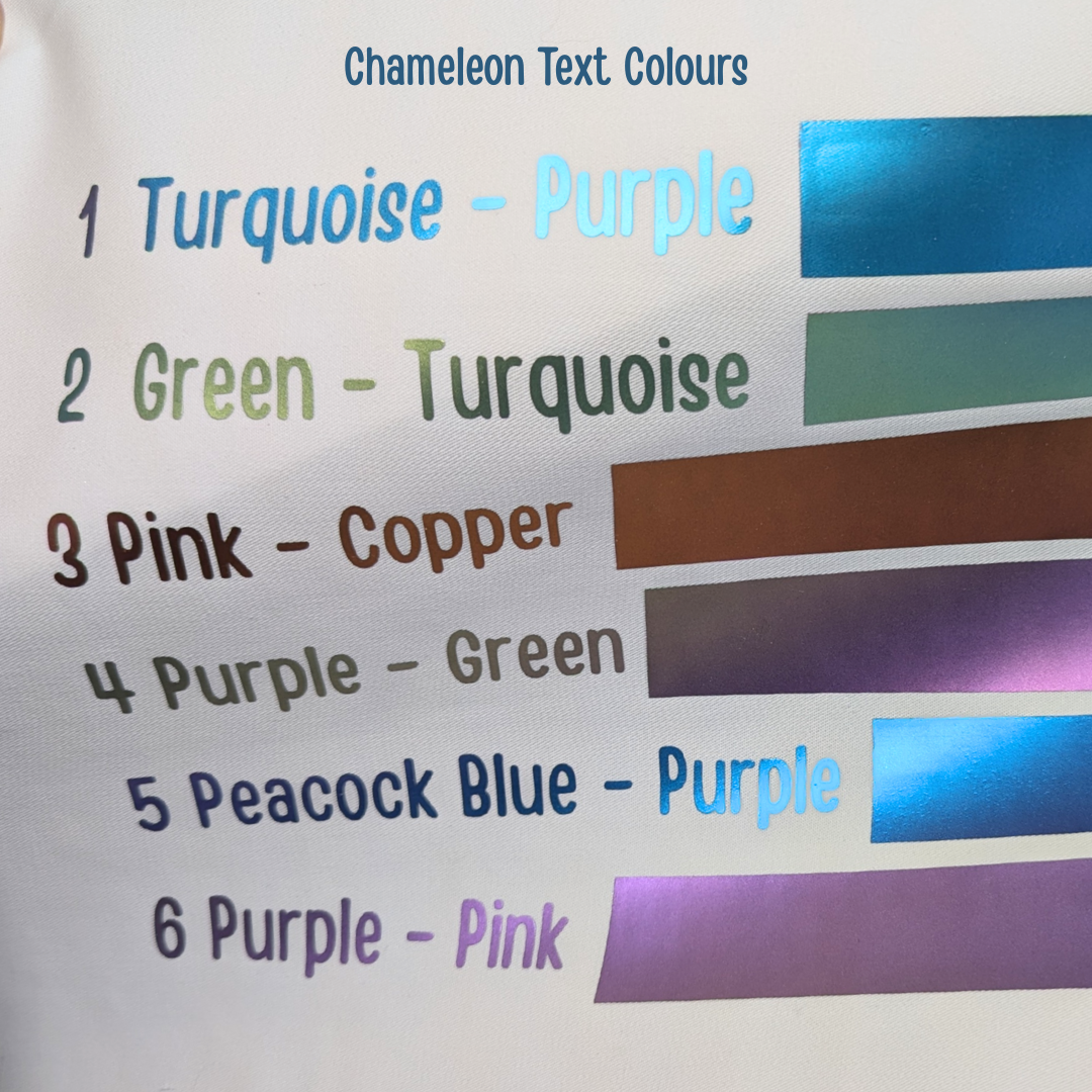 Color swatches showing text color changes from turquoise to purple, green to turquoise, pink to copper, purple to green, peacock blue to purple, and purple to pink.
