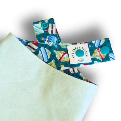 Detail of adjustable snap-on poppers and The Jazzy Pooch branded label on eco-friendly reversible dog bandana - The Jazzy Pooch