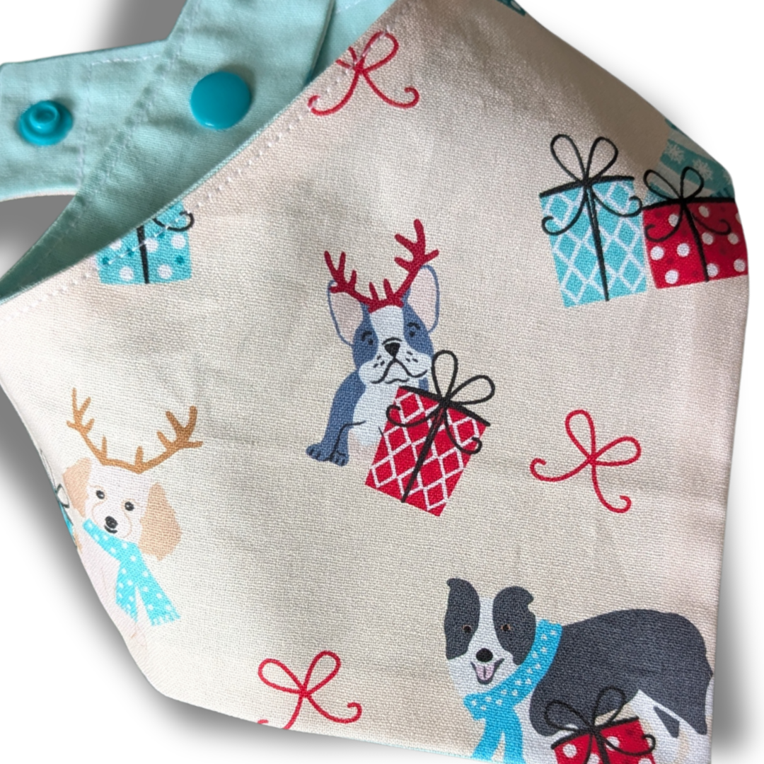 Eco-conscious Christmas pet bandana in refreshing peppermint green, handcrafted from upcycled materials with secure snap-on fastening - The Jazzy Pooch