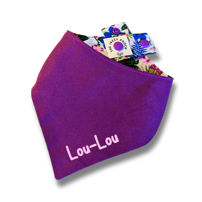 Deep purple reversible dog bandana with personalised pet name and The Jazzy Pooch branded label, handcrafted from rescued fabric - The Jazzy Pooch
