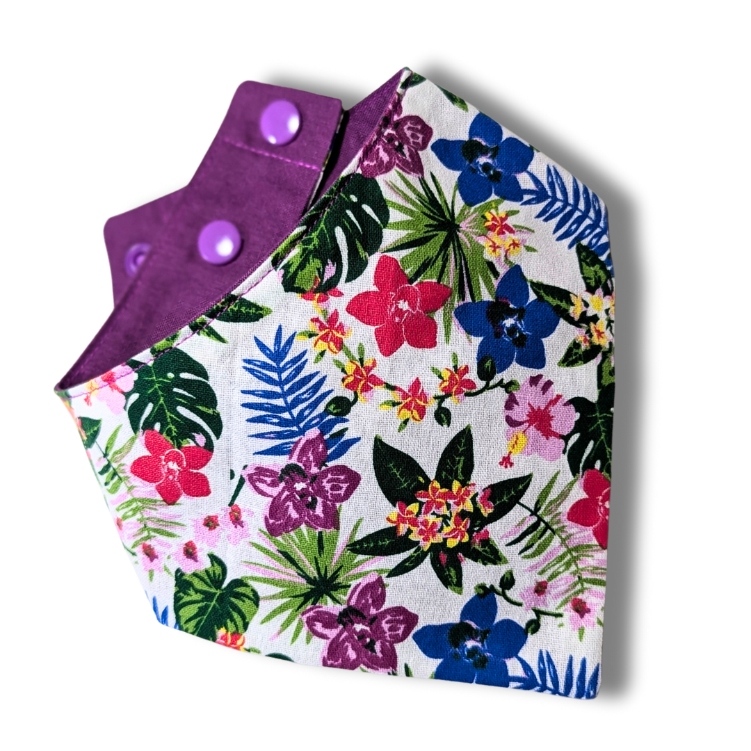 Boho-inspired exotic floral pattern on sustainable dog bandana, handmade from ethically sourced reclaimed cotton - The Jazzy Pooch