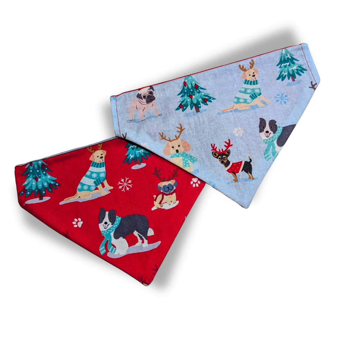 Slip-on Christmas dog bandanas in two colourways - pups on red with pale blue reverse or pups on blue with red reverse - , handcrafted from sustainable reclaimed fabric - The Jazzy Pooch