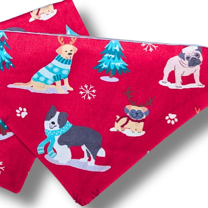 Eco-friendly slip-on dog bandana in classic red featuring adorable festive pups with Christmas antlers, planet-friendly over-the-collar style - The Jazzy Pooch