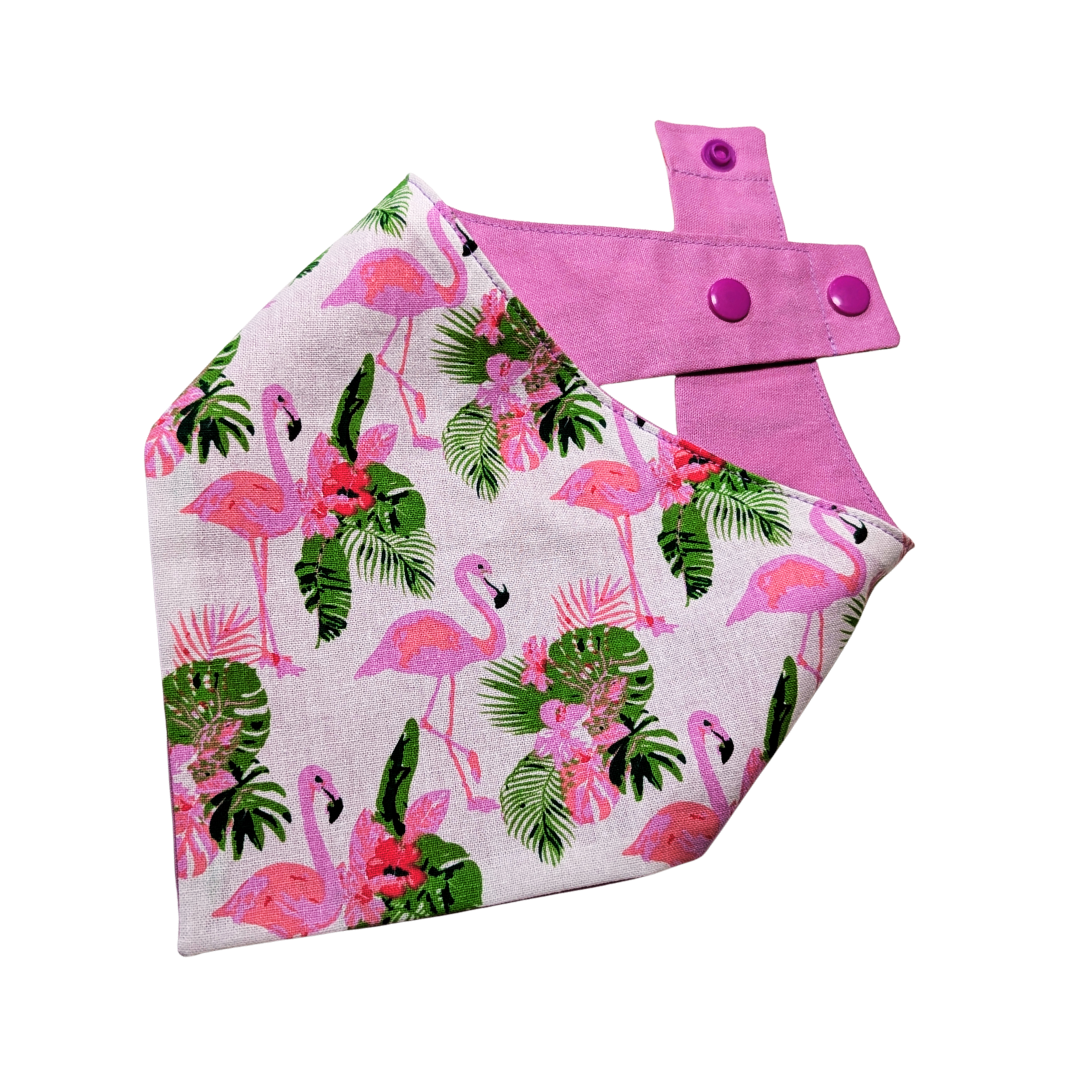Nature-inspired reversible dog bandana crafted from rescued fabric, featuring tropical flamingo pattern on sustainable cotton - The Jazzy Pooch