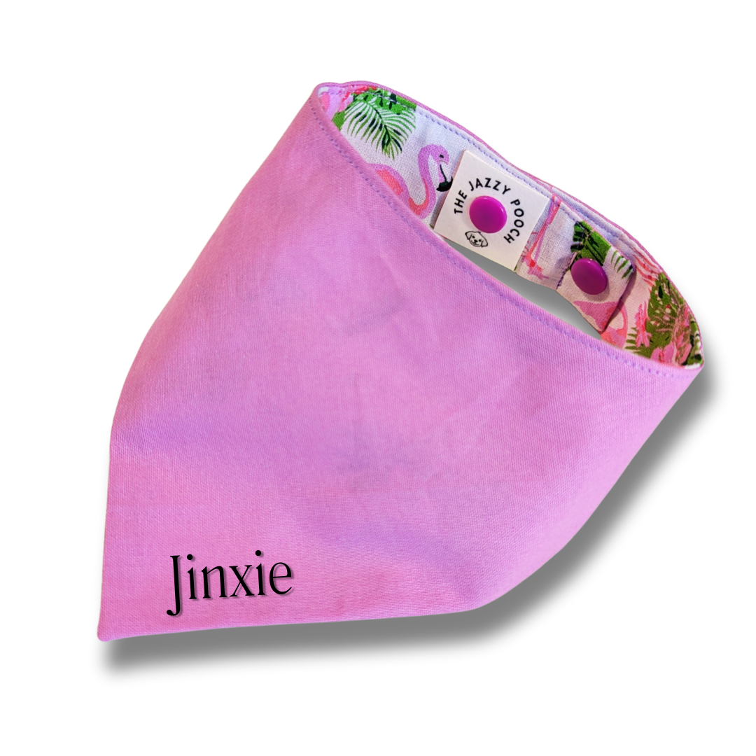 Eco-conscious pink dog bandana made from reclaimed materials with personalised pet name, planet-friendly accessory - The Jazzy Pooch