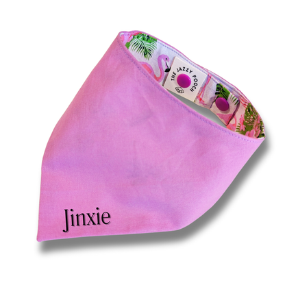 Eco-conscious pink dog bandana made from reclaimed materials with personalised pet name, planet-friendly accessory - The Jazzy Pooch