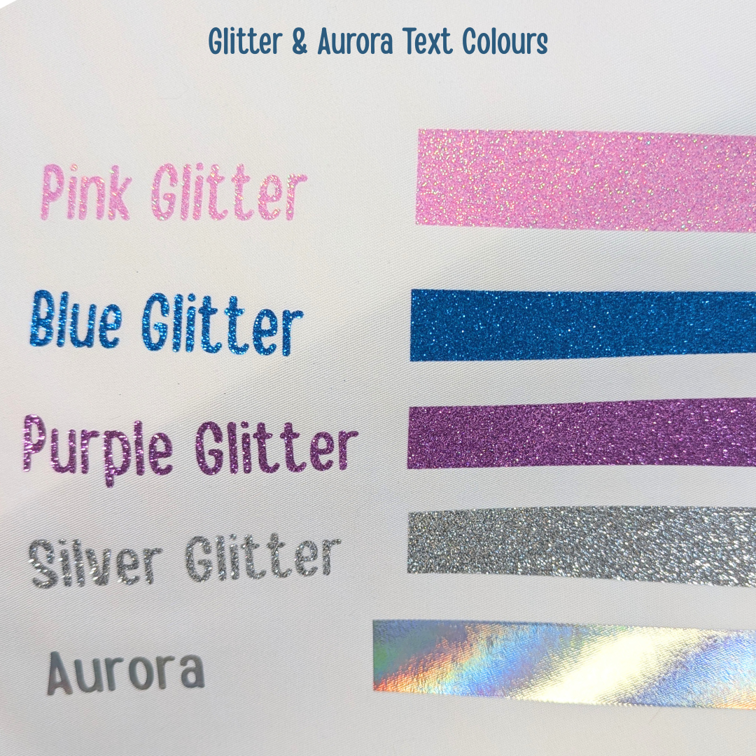Color swatches of glitter text including pink, blue, purple, silver, and Aurora on a white background.