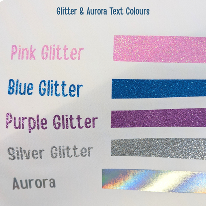 Color swatches of glitter text including pink, blue, purple, silver, and Aurora on a white background.