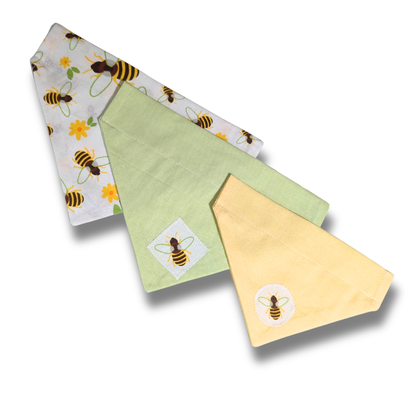 Three slip-on honeybee dog bandanas in nature-inspired hues, handcrafted from sustainable reclaimed fabric with over-the-collar design - The Jazzy Pooch