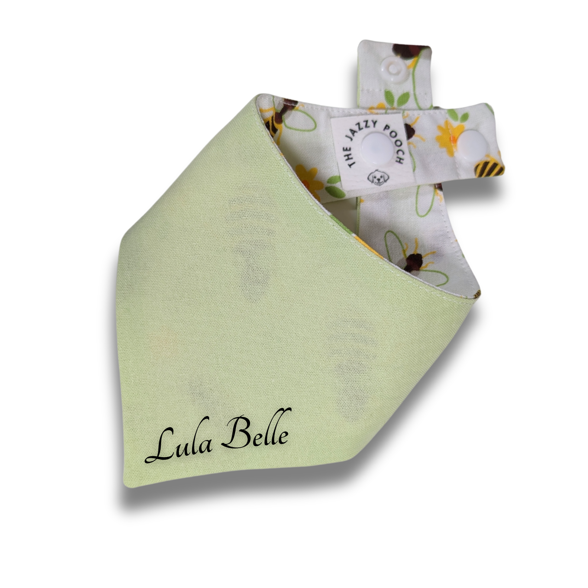 Leafy green reverse of sustainable dog bandana with personalised pet name, eco-conscious handmade accessory - The Jazzy Pooch