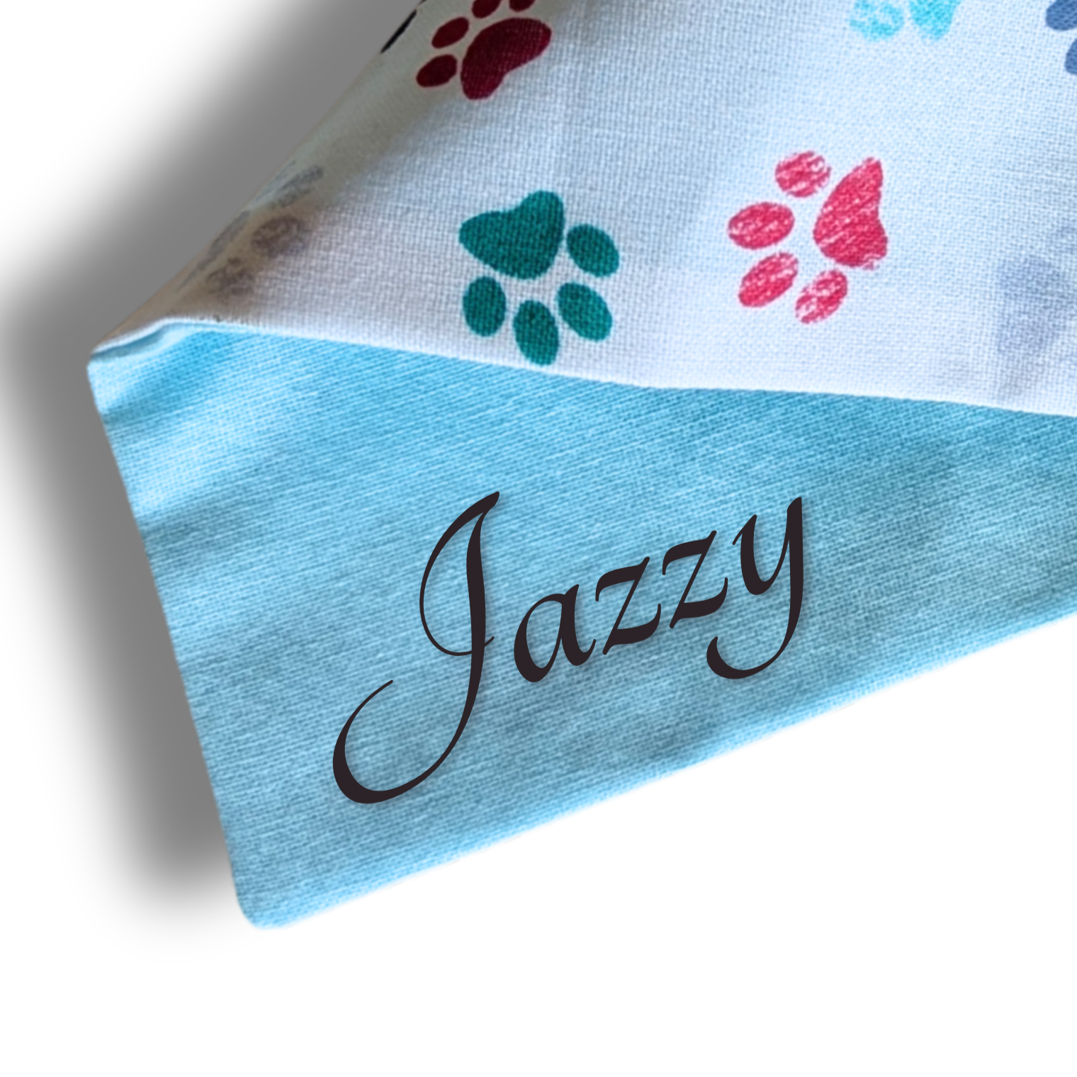 Cool turquoise blue dog bandana with personalised embroidered pet name detail, planet-friendly customisable accessory - The Jazzy Pooch