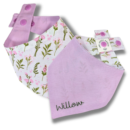 Reversible dog bandana displaying calming lavender flower pattern and soothing lilac reverse with personalised pet name, handcrafted from sustainable reclaimed fabric - The Jazzy Pooch