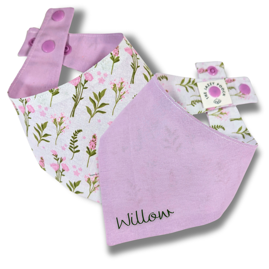 Reversible dog bandana displaying calming lavender flower pattern and soothing lilac reverse with personalised pet name, handcrafted from sustainable reclaimed fabric - The Jazzy Pooch