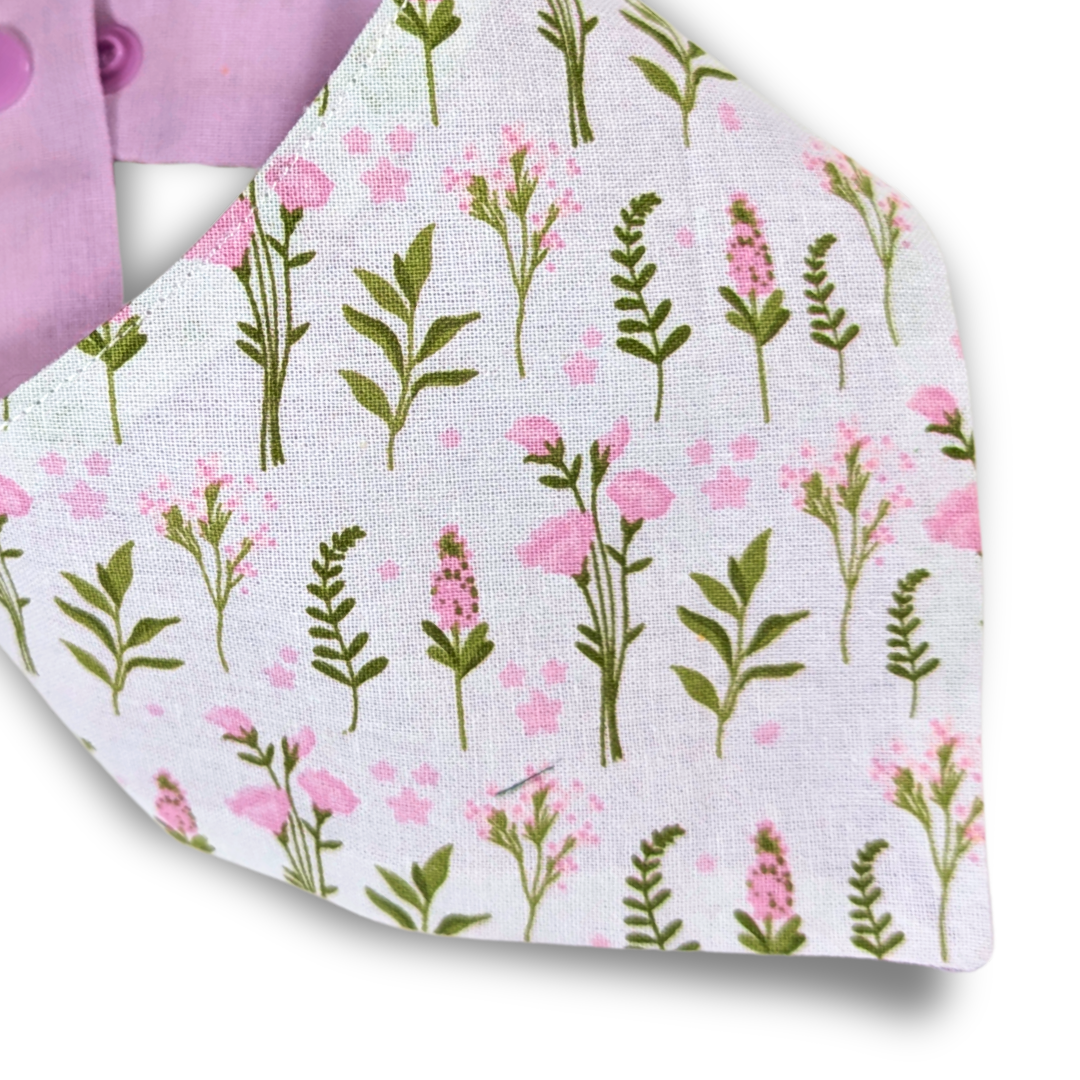 Close-up detail of delicate lavender flower pattern on planet-friendly cotton dog bandana - The Jazzy Pooch