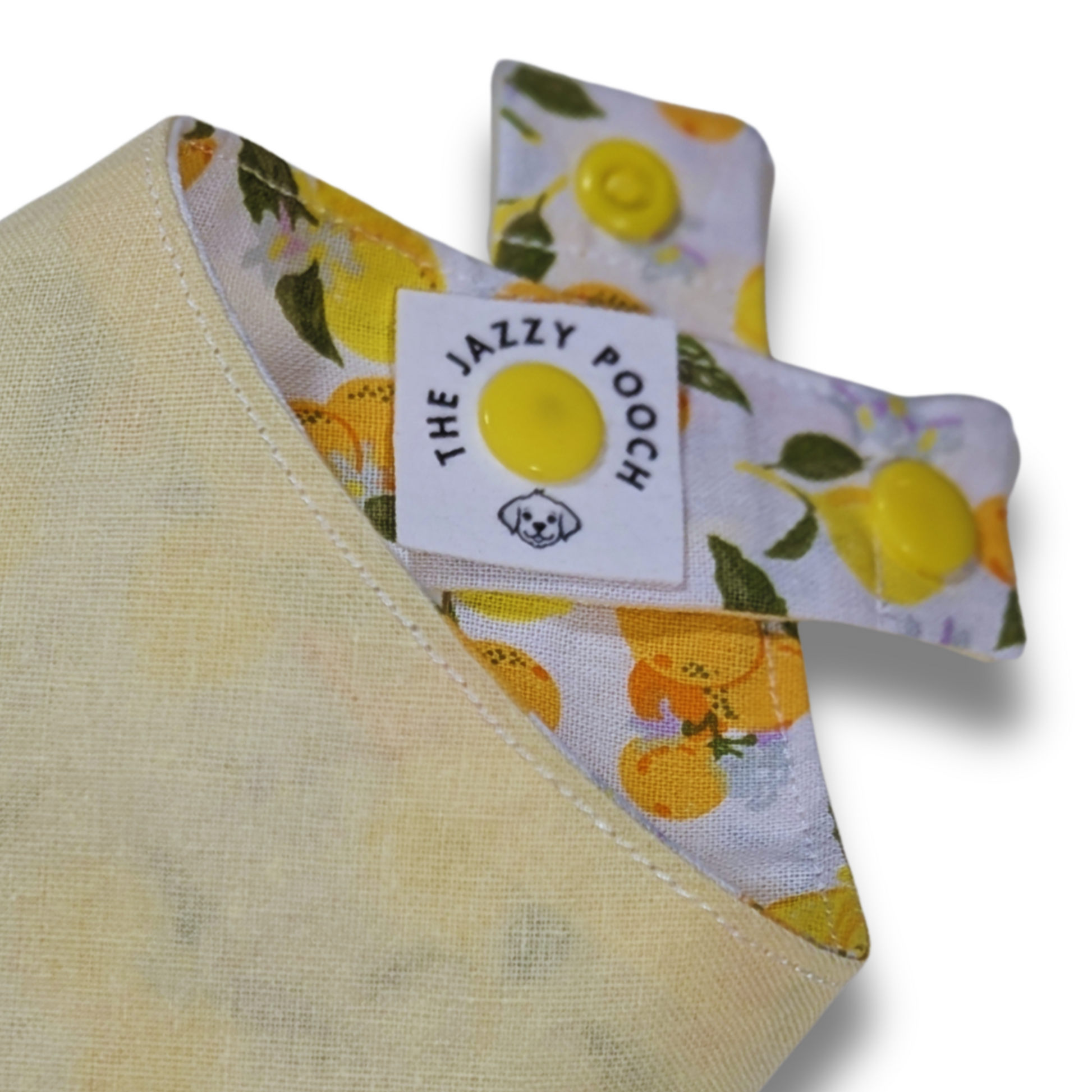 Quality detail showing adjustable snap-on poppers and The Jazzy Pooch branded label on planet-friendly reversible dog bandana - The Jazzy Pooch