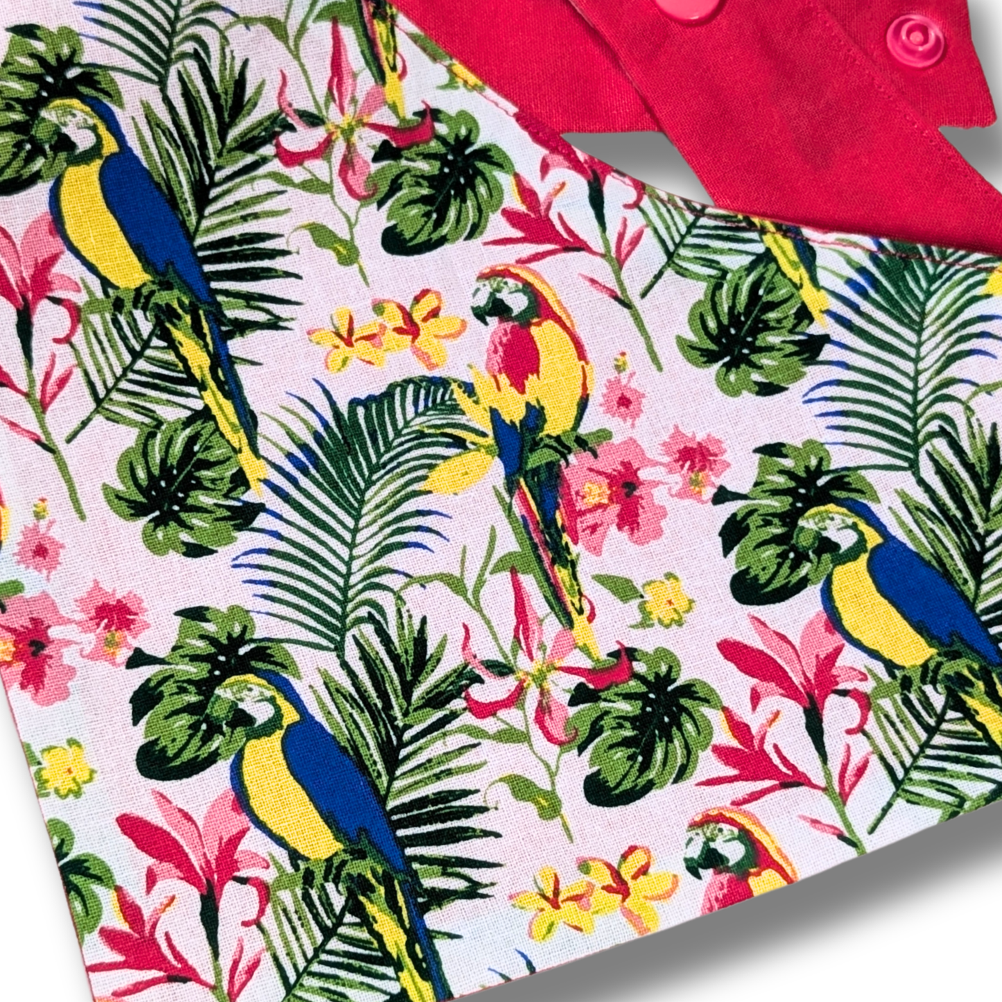 Close-up detail of colourful tropical parrot and jungle foliage design on planet-friendly dog bandana - The Jazzy Pooch