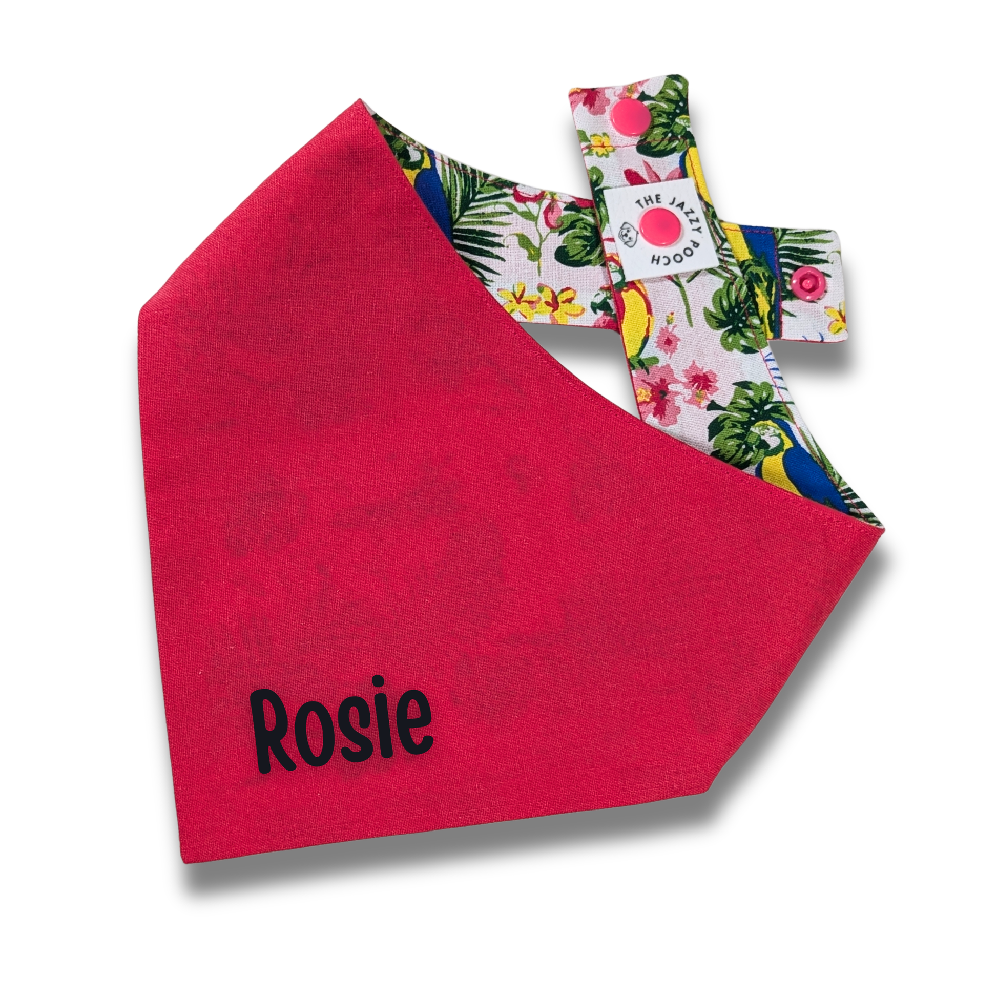 Raspberry red reverse of eco-conscious dog bandana featuring personalised pet name - The Jazzy Pooch