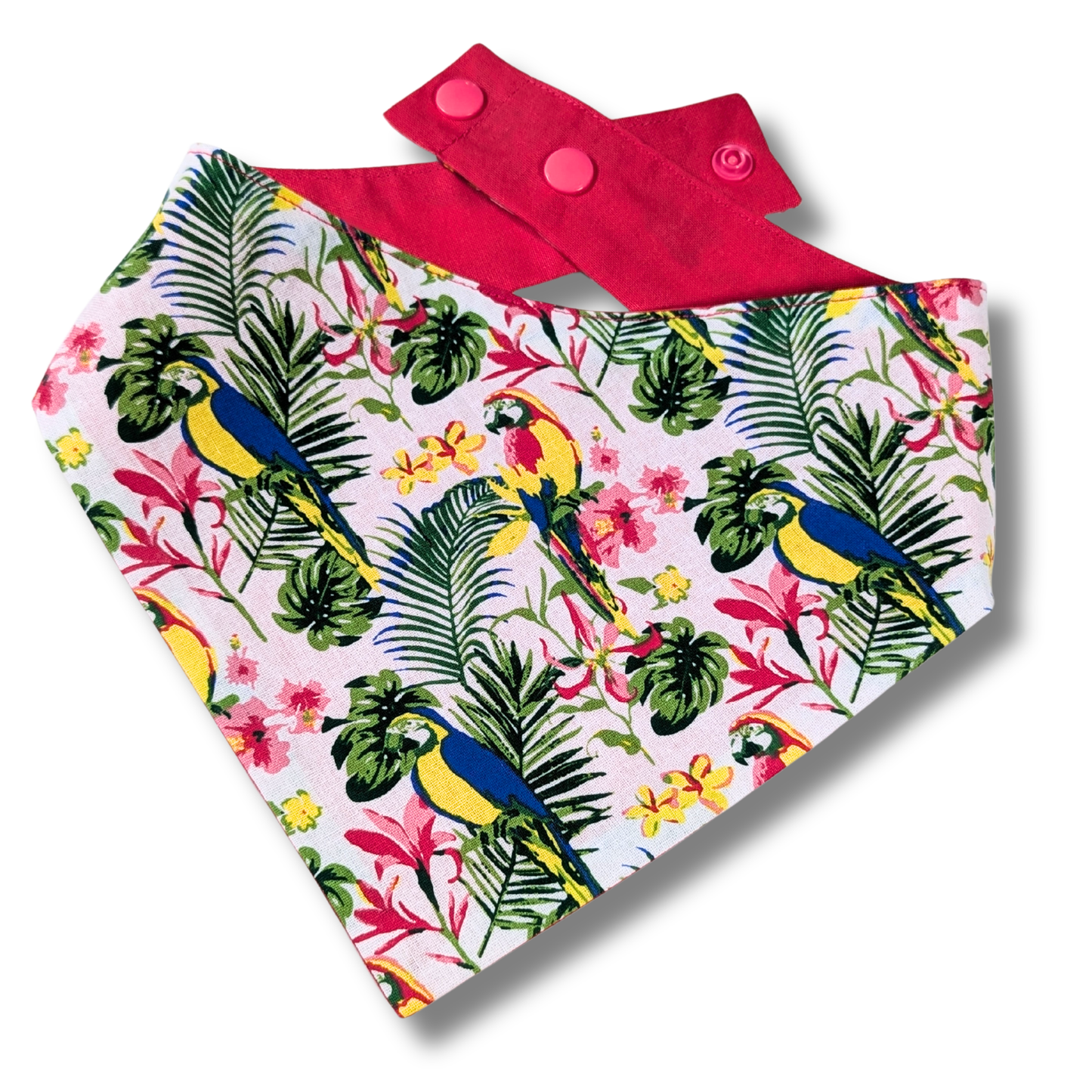 Vibrant jungle parrot pattern on sustainable reversible dog bandana, handcrafted from reclaimed cotton fabric - The Jazzy Pooch
