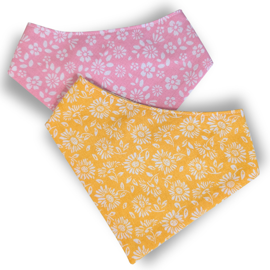 Eco-friendly reversible dog bandanas in two colour options - pink and yellow - featuring spring floral pattern, handmade with snap-on poppers - The Jazzy Pooch