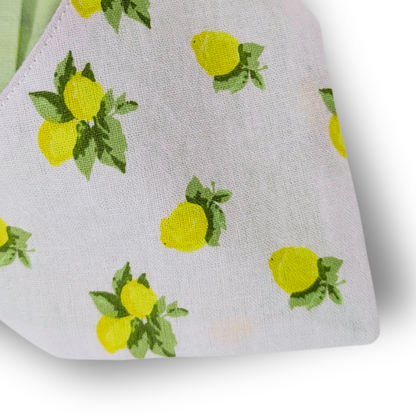 Close-up detail of fresh zesty lemon and foliage pattern on planet-friendly reclaimed cotton dog bandana - The Jazzy Pooch