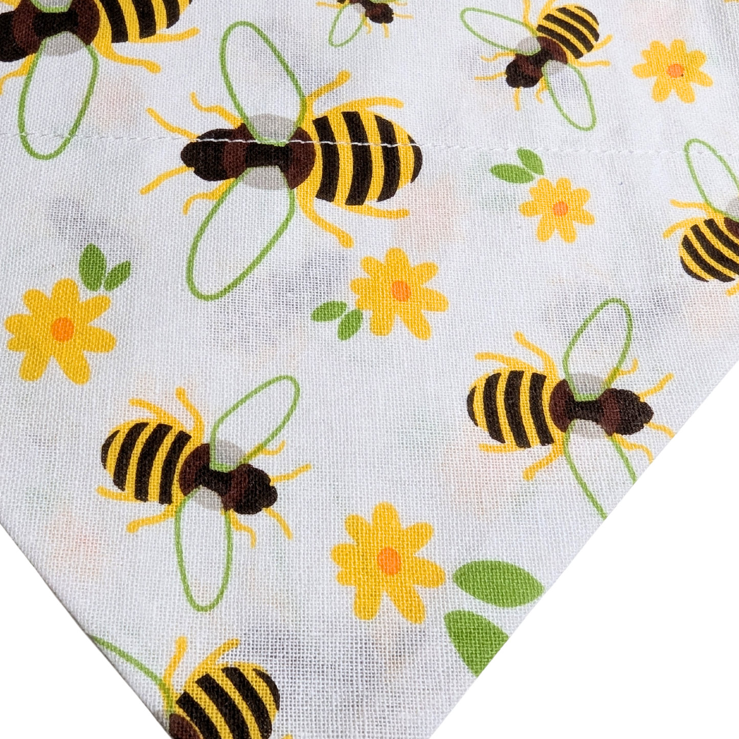 Close-up detail of honeybee and flower pattern on sustainable cotton slip-on dog bandana - The Jazzy Pooch