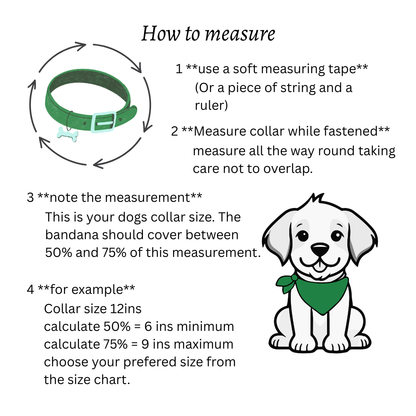 Instructions on how to measure a dog collar  for a slip on type bandana with a cartoon dog and green bandana - The Jazzy Pooch